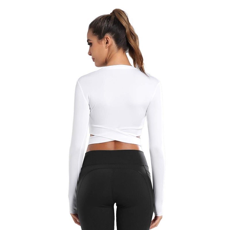 DREAM SLIM Women Long Sleeve Crop Tops Tummy Cross Crewneck Yoga Running Shirts Gym Workout Crop Tops with Thumb Holes (White Long, S) - Image 2